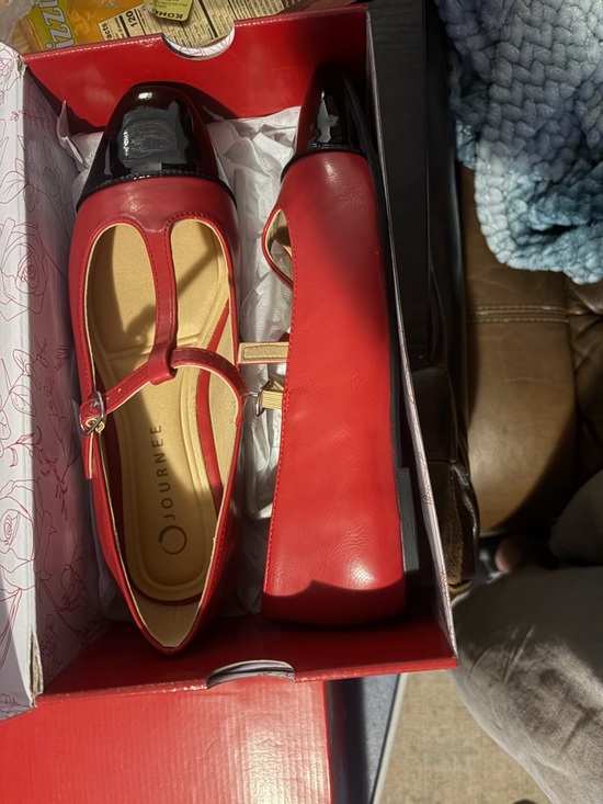 Journee Collection Shoes - Journee Collection Red T-Strap Flats with Black Cap Toe